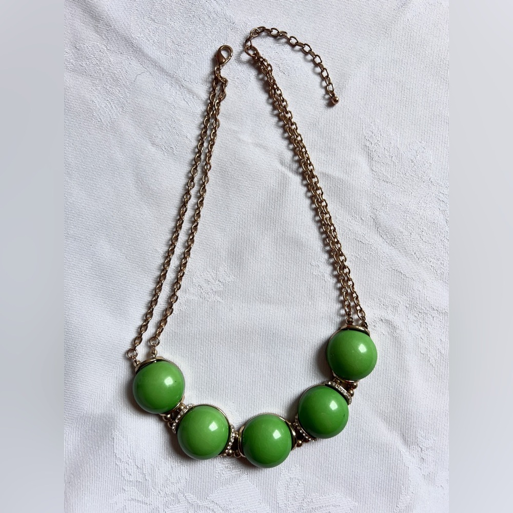 Vintage Green cabochon Bubbles Necklace Art Deco rhinestone spacer double golden